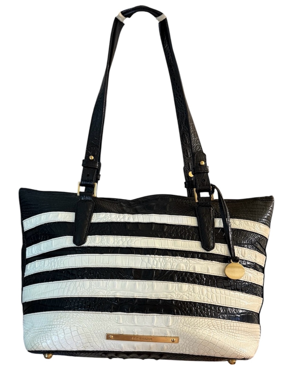 Brahmin Striped Black and White Large Tote Shoulder Bag